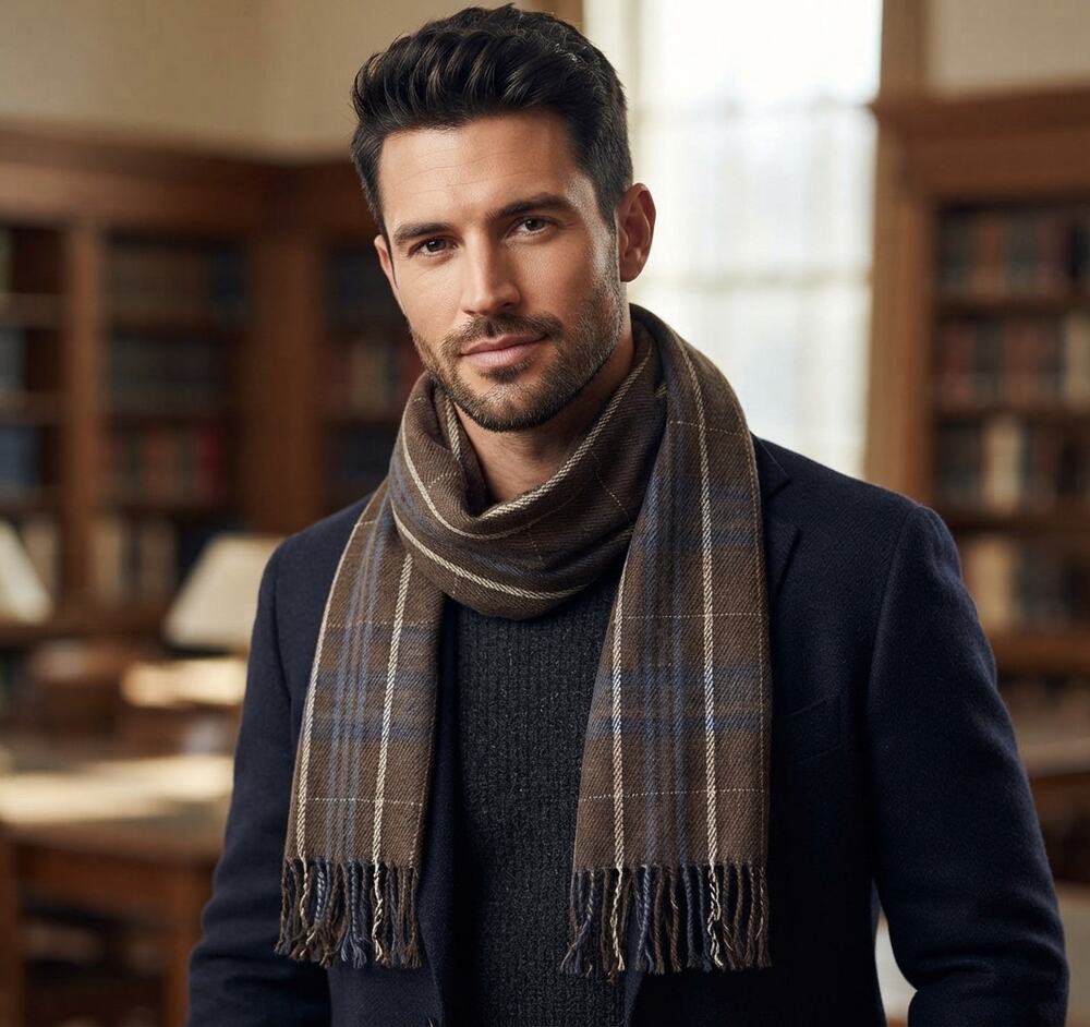 Classic Brown Multi-Plaid Lightweight Scarf Soft Fringe Fall Winter Academia